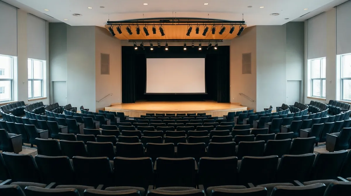 Auditório universitário moderno com fileiras de poltronas e palco iluminado preparado para um evento acadêmico