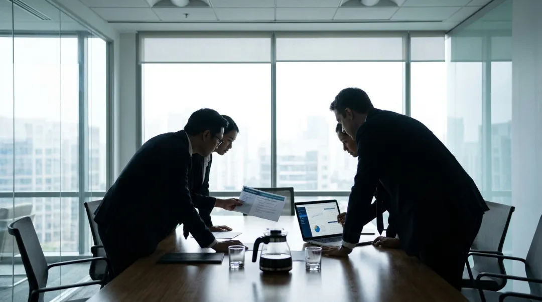 Profissionais reunidos em sala de reunião analisando uma agenda de evento corporativo