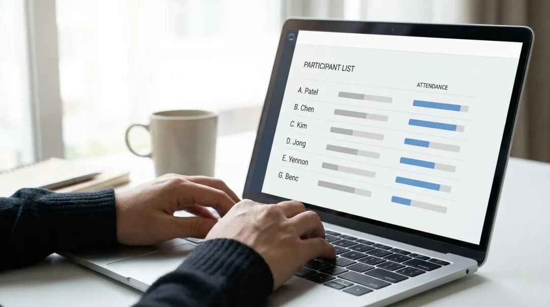 Tela de dashboard de evento corporativo com lista de participantes e indicadores de presença