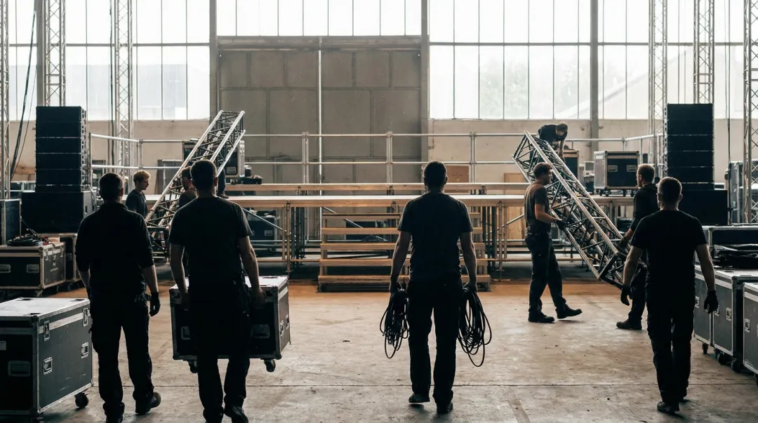 Equipe de produção montando a estrutura de um evento nos bastidores antes da abertura