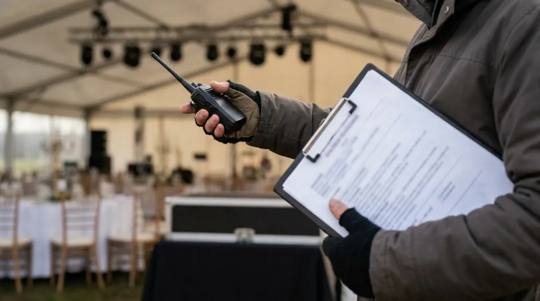 Profissional de eventos em ação nos bastidores, coordenando a produção com prancheta e rádio comunicador