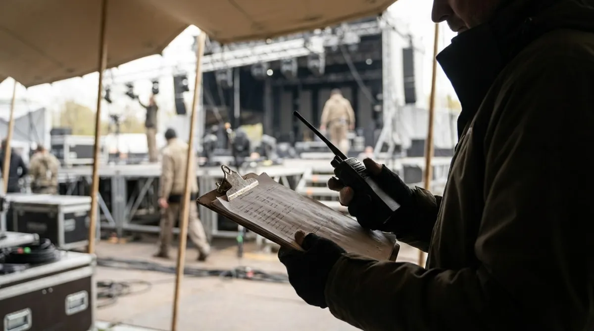 Profissional de eventos coordenando os bastidores de uma produção com prancheta em mãos