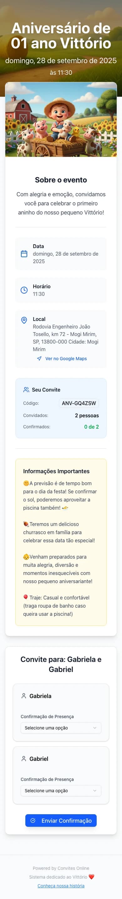 Convite completo na visão mobile mostrando design, detalhes do evento, informações e formulário de confirmação