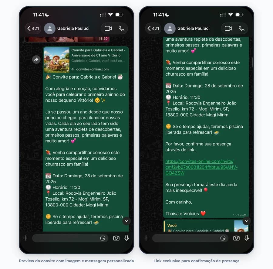 Mensagem personalizada no WhatsApp com preview do convite, detalhes do evento e link exclusivo de confirmação