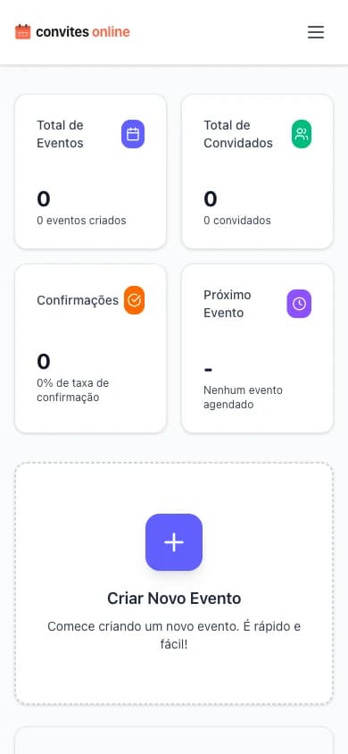 Dashboard do Convites Online vazio ao criar conta, mostrando guia 'Como começar?'