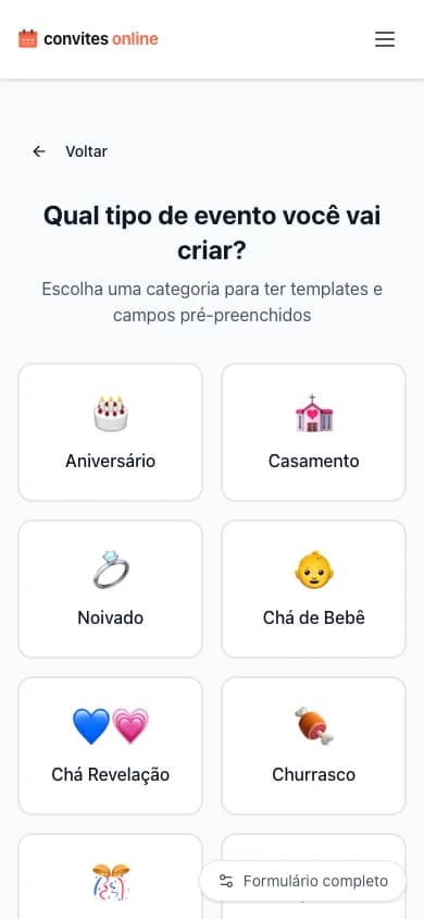 Wizard de criação de evento mostrando as categorias disponíveis como Aniversário, Casamento, Chá de Bebê