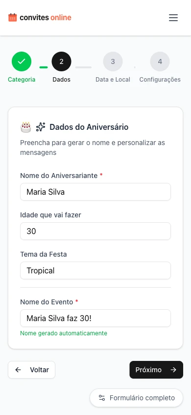 Formulário de dados do aniversário com campos para nome, idade, tema e nome do evento auto-gerado