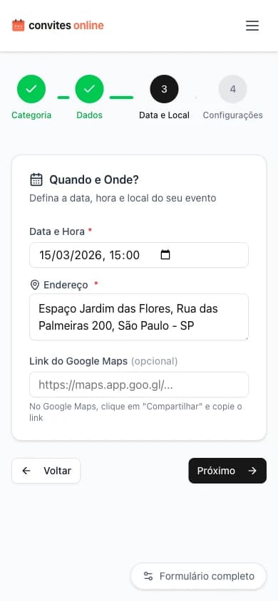 Formulário de data, hora e endereço do evento