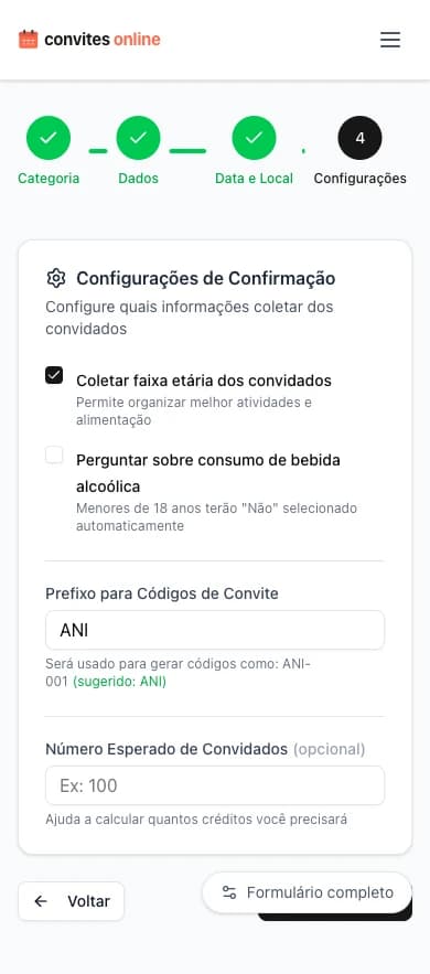 Configurações de confirmação com opções de faixa etária e consumo de álcool