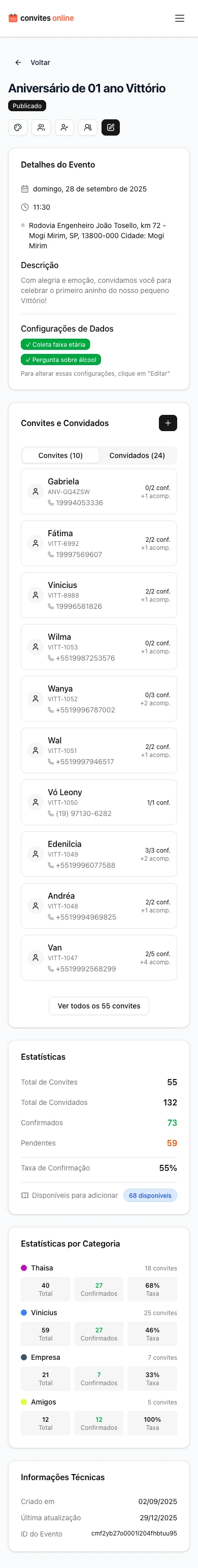 Tela de sucesso após criar evento, com opção de testar convite e personalizar design