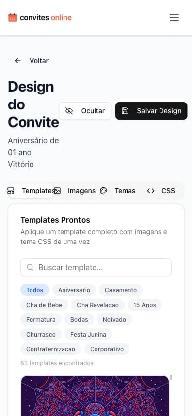 Aba de temas mostrando opções de personalização de cores e estilos