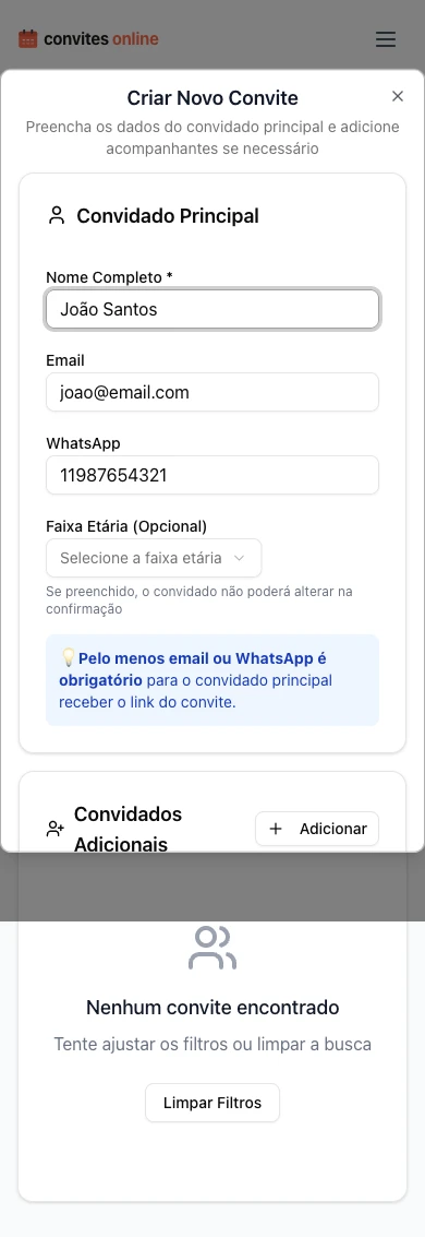 Formulário de criação de convite com campos para nome, email, WhatsApp e faixa etária