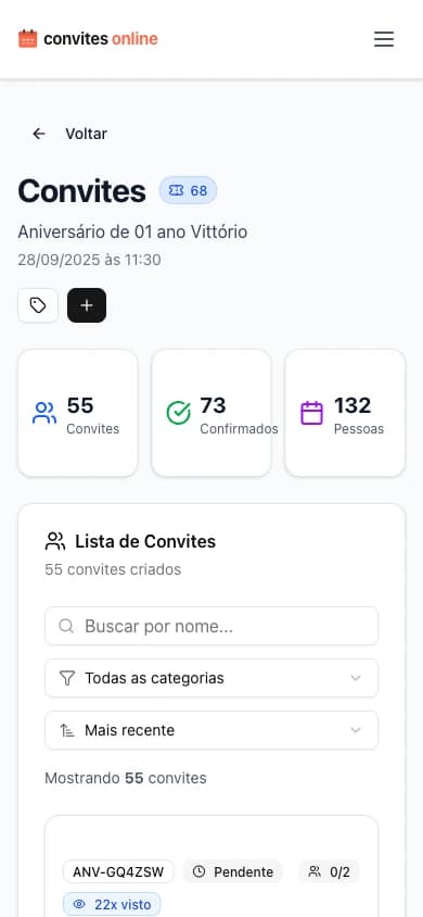 Lista de convites mostrando status, visualizações e 3 botões de envio WhatsApp